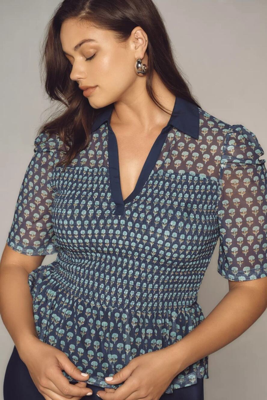 Anthropologie Maeve Green Blue Floral Short Sleeve Smocked Polo Top XS